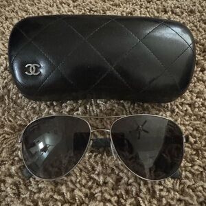 CHANEL Black Aviator Sunglasses with Quilted Case